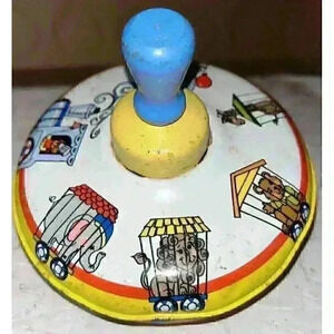 Vintage Ohio Art Spinning Top Toy Tin Litho Circus Animal Train Blue Knob USA